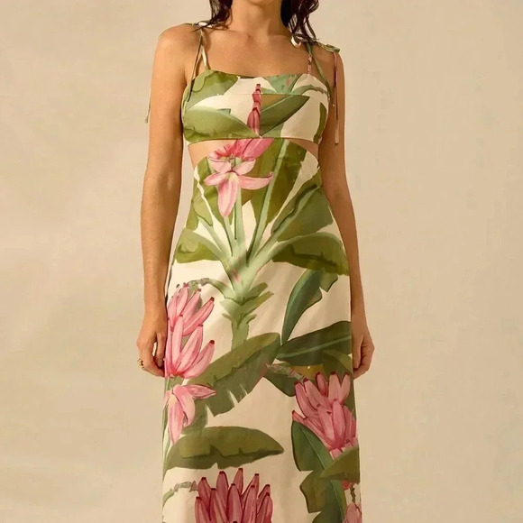 Multicolor Boho Women's Banana Tree Print Sleeveless Spaghetti Strap Dress - Picture 4 of 7